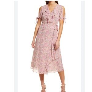 Floret Studios Pink Floral Ruffle Trim Side Tie Wrap Midi Length Wrap Dress M